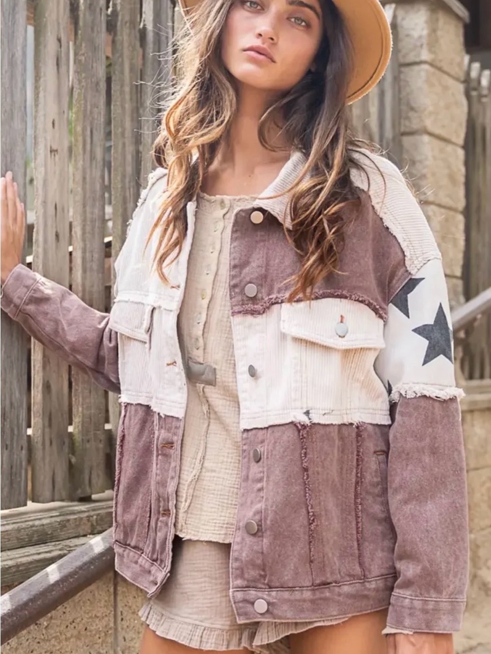 POL Patchwork Corduroy Jean Jacket in Mauve and Cream with Star Sleeve